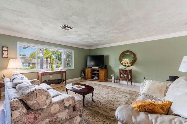 living room with crown molding and light tile floors