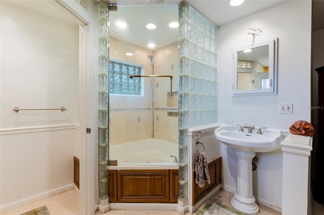 bathroom featuring tile flooring and an enclosed shower