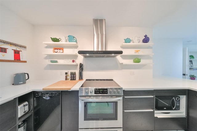 kitchen featuring stainless steel electric range, dishwasher, and exhaust hood