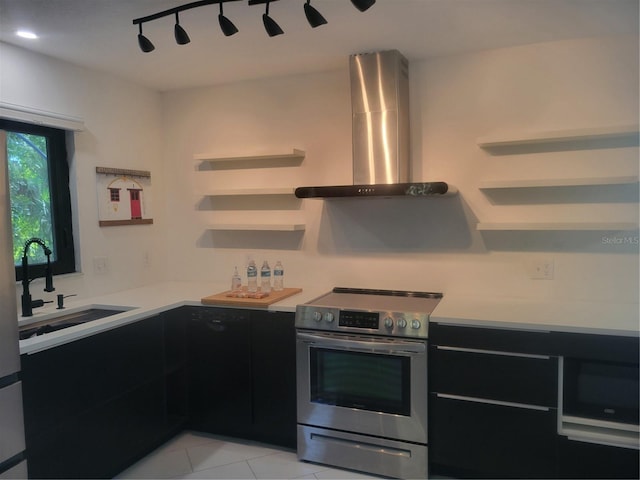 kitchen with wall chimney range hood, sink, light tile patterned flooring, and electric stove