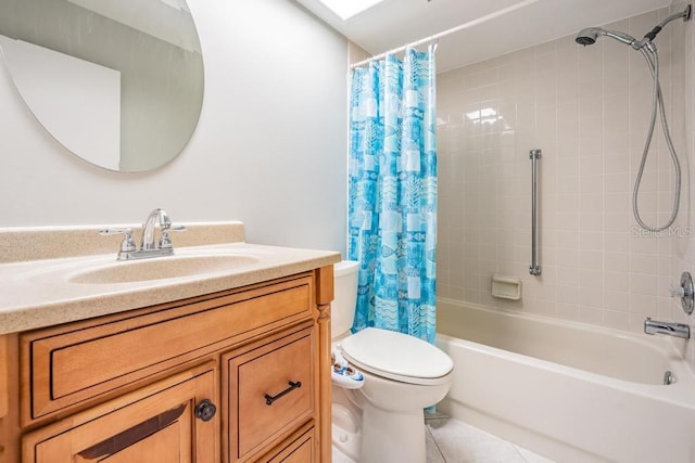 full bathroom with shower / tub combo with curtain, tile flooring, toilet, and vanity