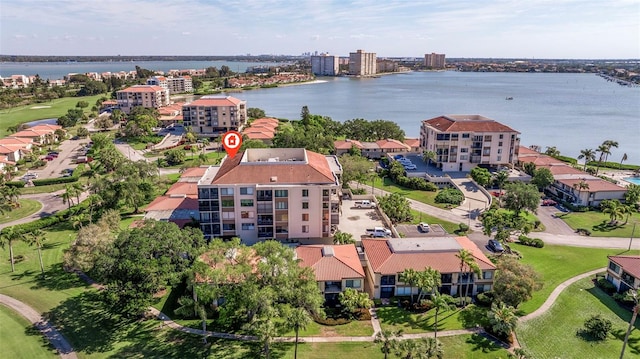 drone / aerial view featuring a water view