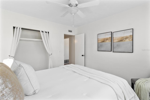 bedroom featuring ceiling fan, a closet, and visible vents