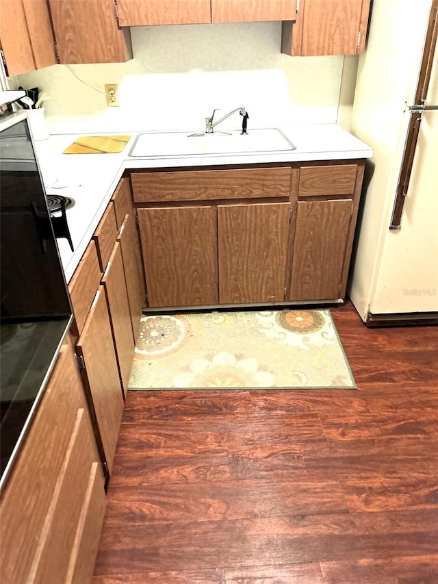 kitchen featuring dark hardwood / wood-style flooring, white fridge, and sink