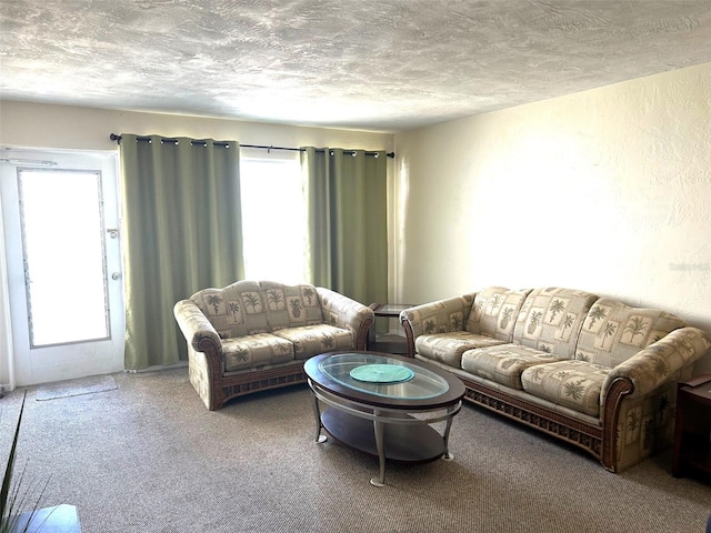 living room featuring carpet flooring, a textured ceiling, and a healthy amount of sunlight