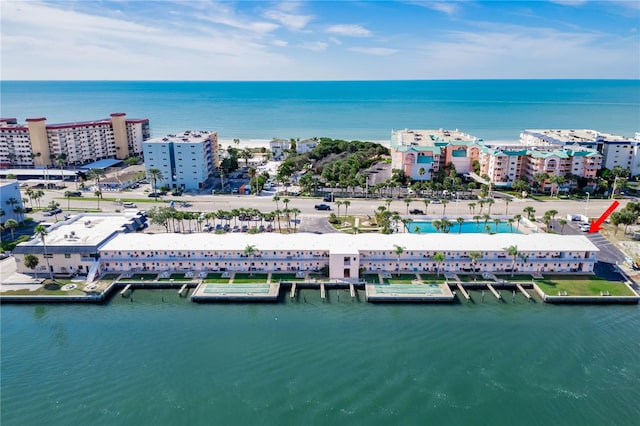 drone / aerial view with a water view