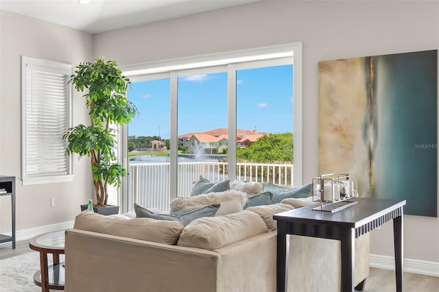 living room with plenty of natural light and light hardwood / wood-style flooring