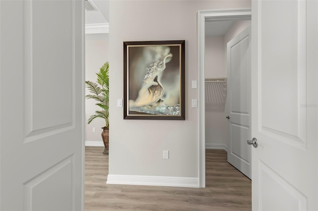 hallway with crown molding and light hardwood / wood-style flooring