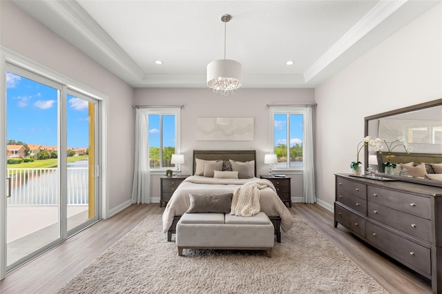 bedroom featuring a raised ceiling, access to exterior, and light hardwood / wood-style floors