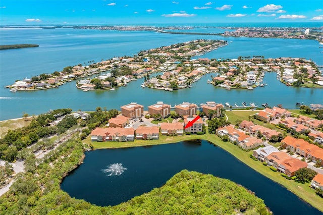 bird's eye view with a water view