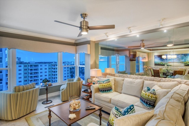 living room featuring crown molding and ceiling fan