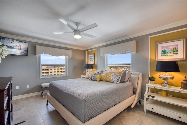 bedroom with multiple windows, ceiling fan, and tile floors