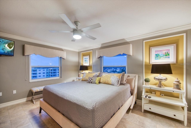 tiled bedroom featuring ornamental molding and ceiling fan