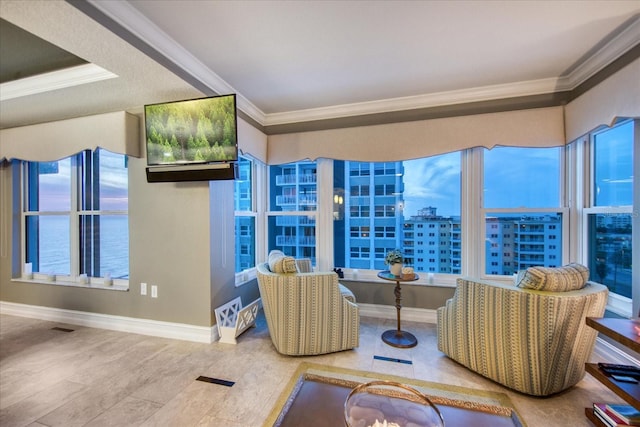 living room with crown molding