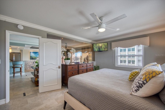 bedroom featuring stainless steel refrigerator, crown molding, ceiling fan, and light tile floors