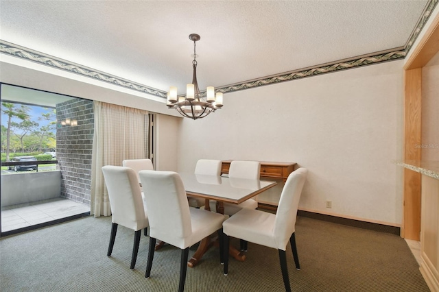 carpeted dining space featuring a textured ceiling and a chandelier