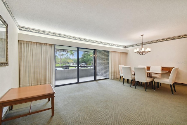 carpeted dining space with a textured ceiling and a chandelier