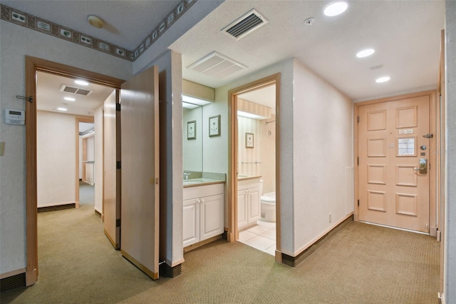 carpeted foyer with sink and a textured ceiling