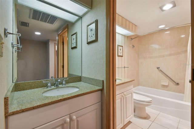 full bathroom featuring shower / bathing tub combination, toilet, oversized vanity, and tile flooring