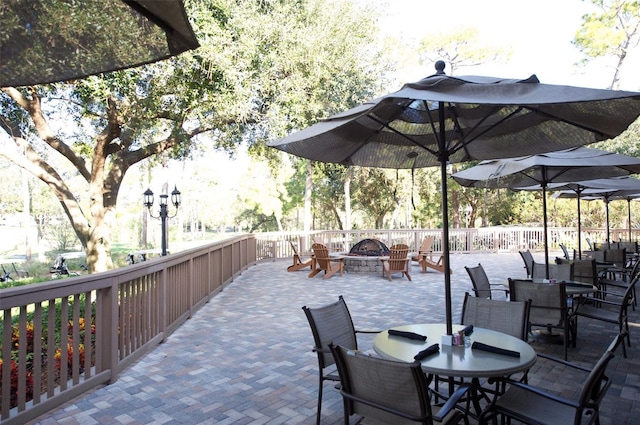 view of terrace featuring an outdoor fire pit