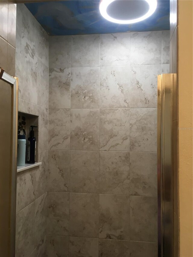 interior details featuring a shower with door