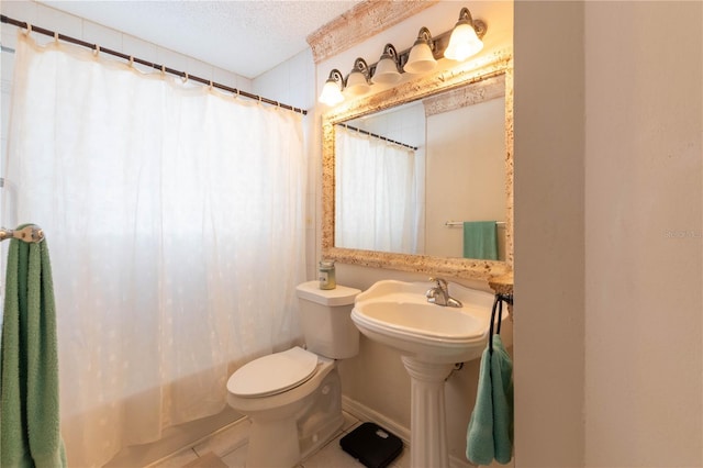 bathroom featuring a textured ceiling, toilet, tile patterned floors, and shower / bathtub combination with curtain