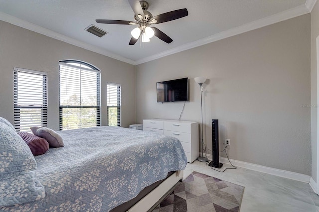 bedroom with ceiling fan and ornamental molding