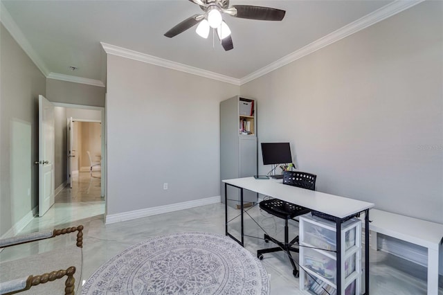 office space with ornamental molding and ceiling fan