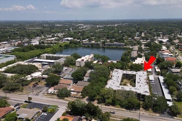 drone / aerial view featuring a water view