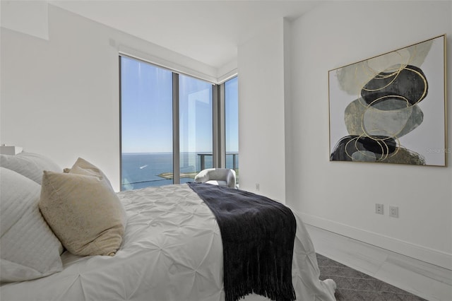 bedroom with access to exterior, a water view, and multiple windows