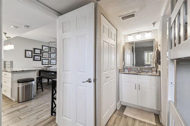 interior space featuring a textured ceiling, wood-type flooring, and vanity