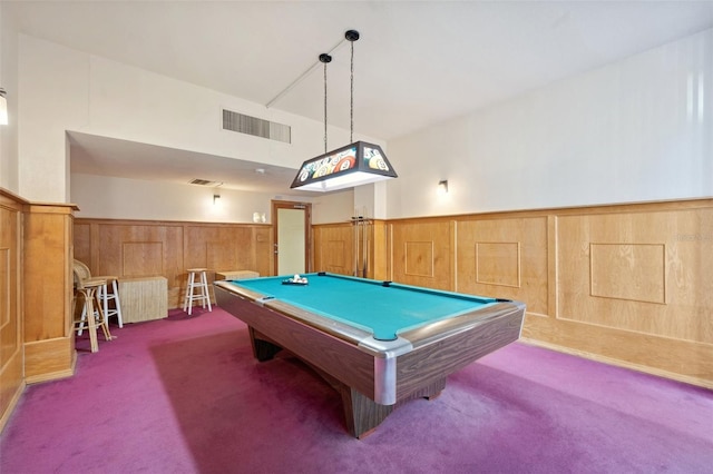 rec room with carpet floors and billiards