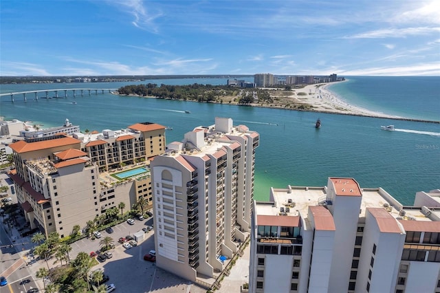 drone / aerial view with a water view