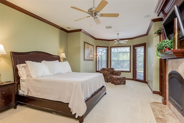 bedroom with ceiling fan, light carpet, access to outside, and ornamental molding