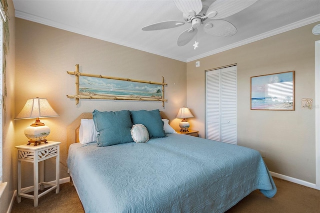 carpeted bedroom featuring a closet, ceiling fan, and ornamental molding