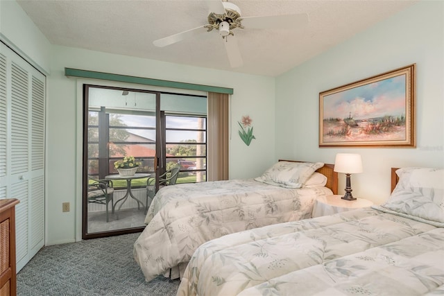 carpeted bedroom with a closet, a textured ceiling, ceiling fan, and access to outside