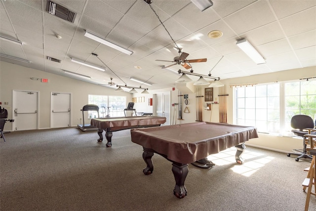 game room featuring ceiling fan, carpet floors, and pool table