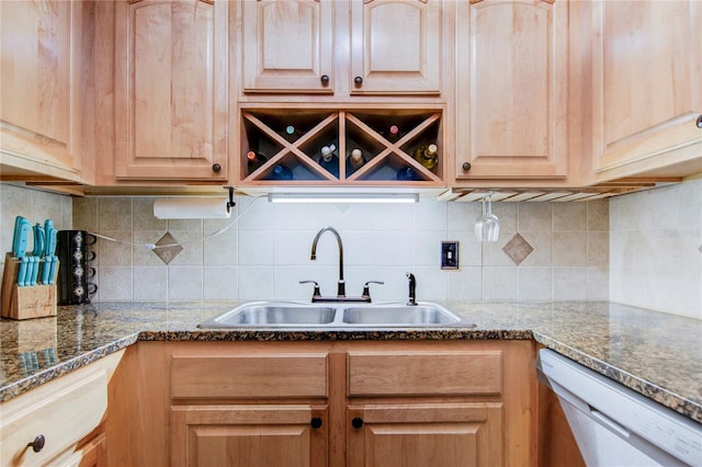 kitchen with sink, backsplash, white dishwasher, and dark stone counters