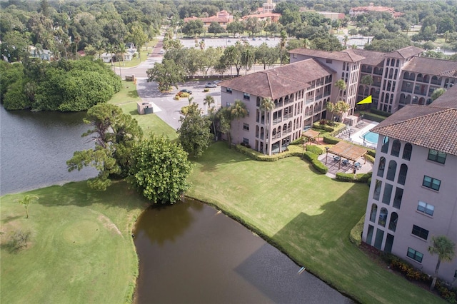 aerial view featuring a water view