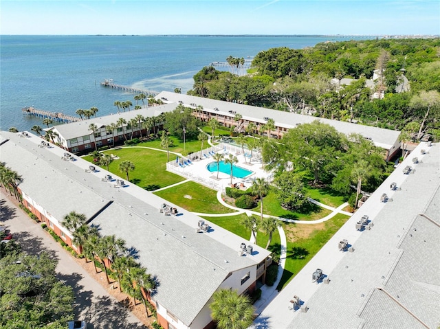 birds eye view of property featuring a water view