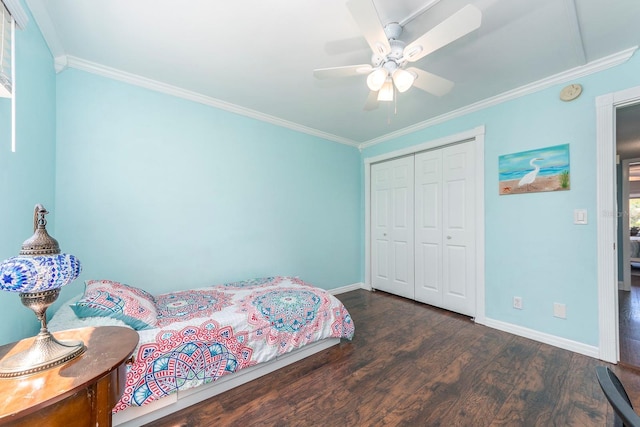 bedroom with ceiling fan, ornamental molding, a closet, and dark wood-type flooring