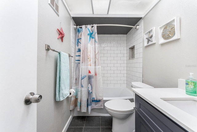 full bathroom with shower / tub combo, tile patterned flooring, vanity, and toilet