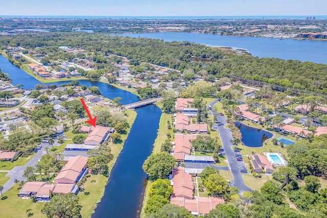 drone / aerial view featuring a water view