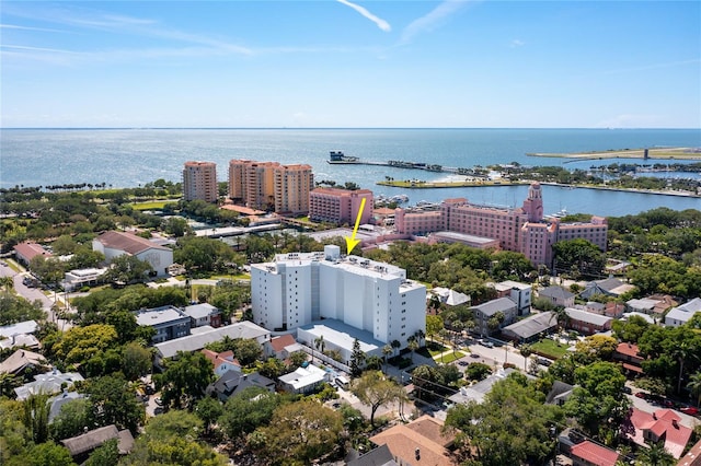 drone / aerial view with a water view