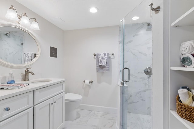 bathroom featuring walk in shower, oversized vanity, toilet, and tile flooring