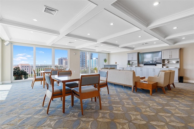 dining room featuring expansive windows, dark carpet, beam ceiling, and coffered ceiling