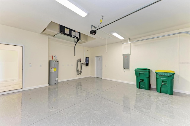 garage featuring a garage door opener, electric panel, and water heater