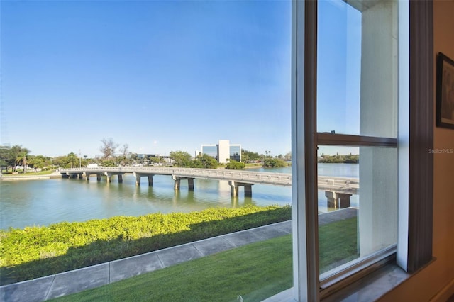 property view of water featuring a boat dock