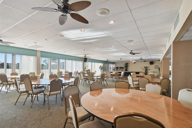 dining area with ceiling fan, a paneled ceiling, carpet, and plenty of natural light