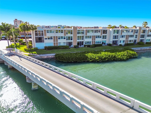 exterior space with a water view